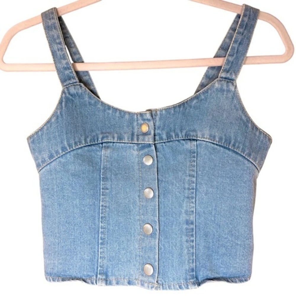 Vintage Denim Cropped Corset Top with Snap-Button Front